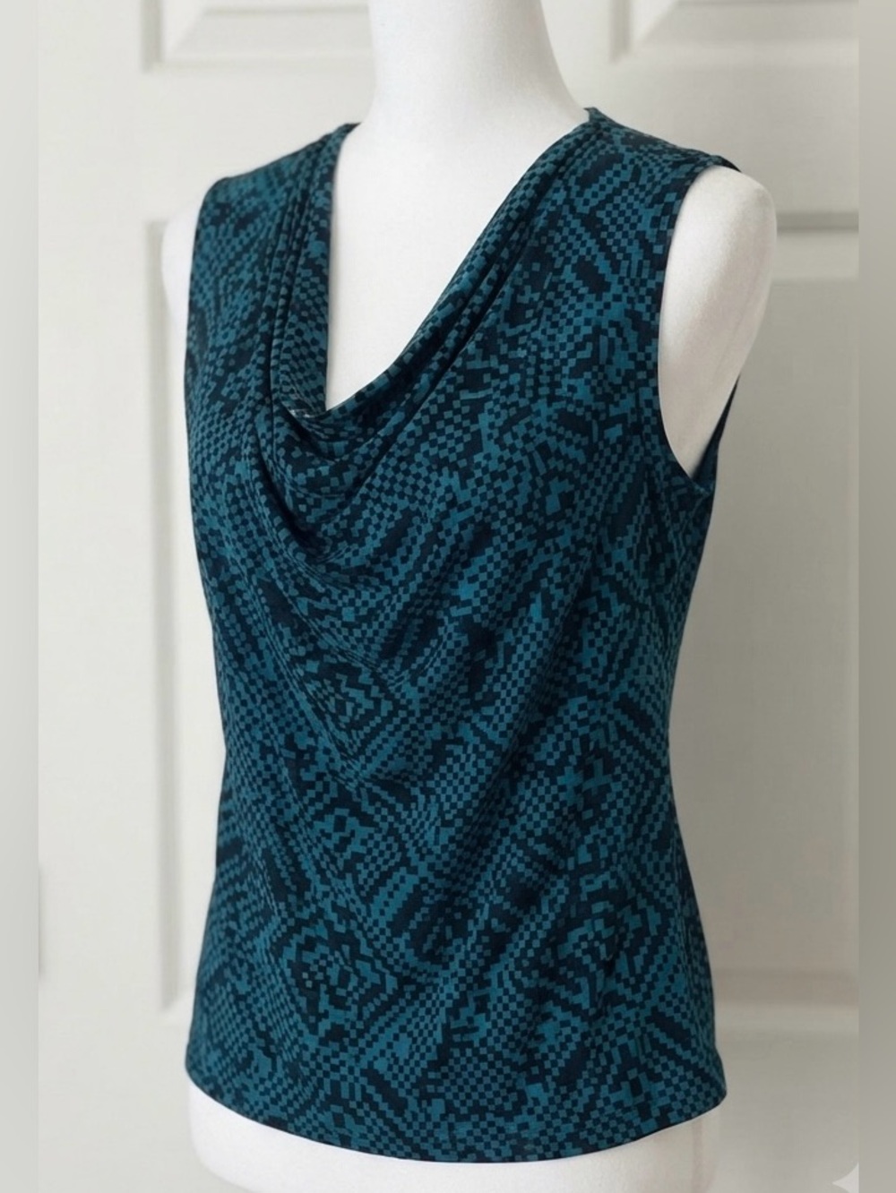 Halogen Teal and Black Draped Cowl Neck sleeveless top
